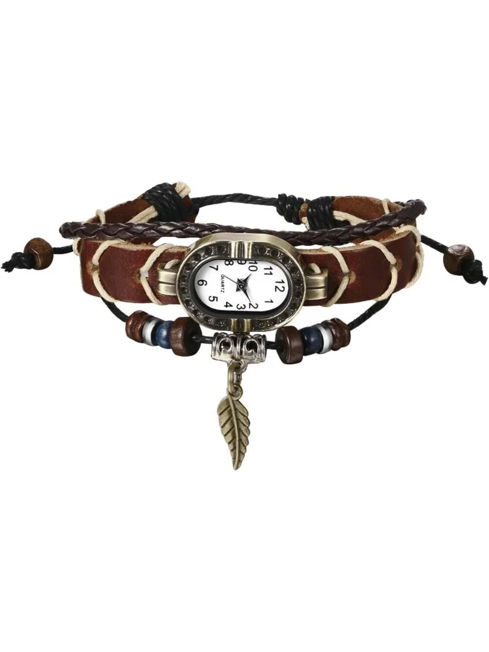 Women's Brown Analog Leaf Oval Case Bracelet Weave Wrap Around Leather Watch